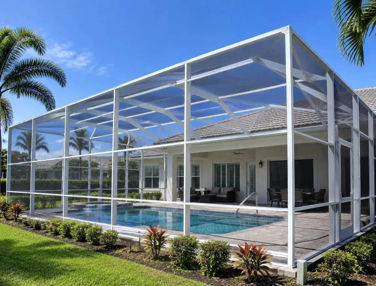 White aluminum pool cage around a backyard pool in Punta Gorda FL