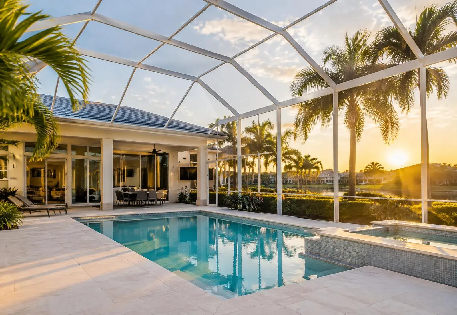 Pool screen enclosure over a swimming pool at sunset in Punta Gorda FL